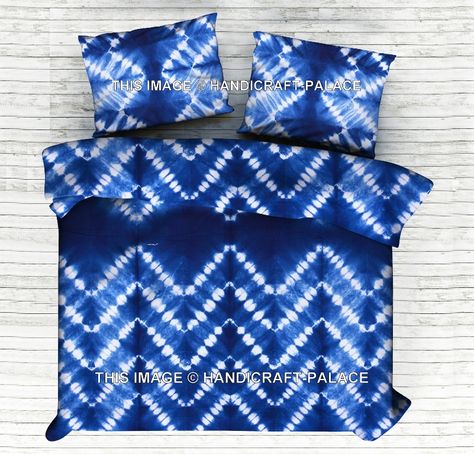 USD 39.99 (Free Shipping) Beautiful Indian Screen Printed Cotton Tapestry or Bed Sheet in King size With Pillow Covers. Front side has Indigo Blue Base on White Color Tie Dye Waves Pattern have been crafted. Add an ethnic feel to your room with this cotton handmade Bed Throw.This are completely screen printed in traditional Indian method #boho #bohemian #hippie #gypsy #handmade #bedspread #bedding #throw #cotton #throw # ethnic #traditional #bed #cover #BedSheet #Screenprinted #freeshipping Shibori Bedding, Tie Dye Duvet Cover, Indigo Bedding, Tie Dye Shibori, Tie Dye Bedding, Bedding Queen, Shibori Pattern, Queen Bedspread, Indigo Tie Dye