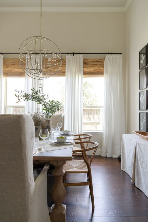 simple fall dining room decor, bamboo drapes, white curtains Woven Wood Shades, Window Treatments Living Room, Thanksgiving Tablescape, Bamboo Shades, Curtains Living, Wood Shades, The Dining Room, Diy Blog, Curtains Living Room