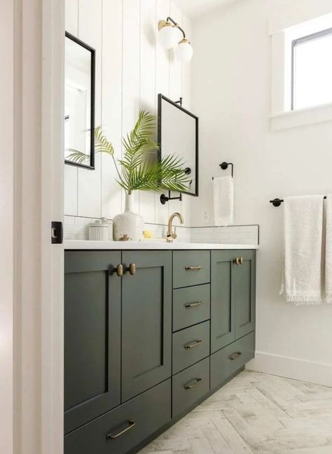 Dark Green Vanity Bathroom, Green Vanity Bathroom Ideas, Dark Green Vanity, Green Bathroom Vanities, Green Vanity Bathroom, Family Bathroom Ideas, Dark Green Bathroom, Dark Green Bathrooms, Green Bathroom Vanity