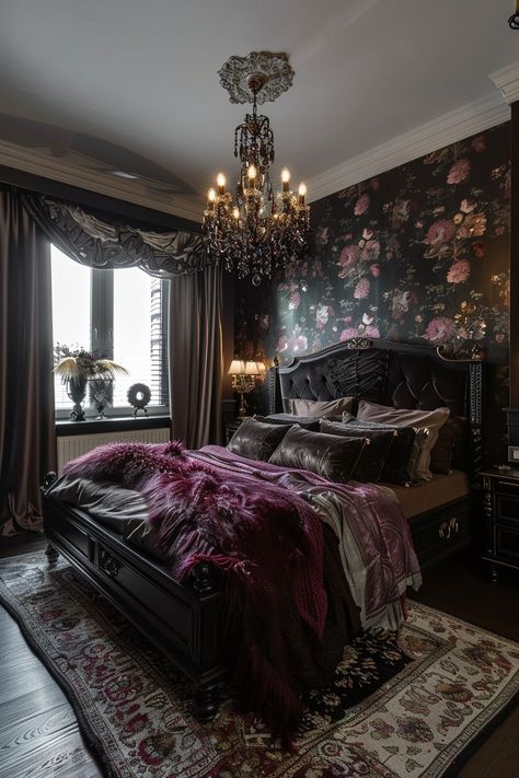 Get Inspired: 14 Unique Dark Feminine Bedroom Design Ideas! - My Decor Inspo Dark Witch Aesthetic Bedroom, Gothic Goblincore, Nice Beds, Nest Room, Feminine Bedroom Design, Gothic Bedroom Ideas, Dark Bedrooms, Gothic Farmhouse, Bedroom Ideas Dark