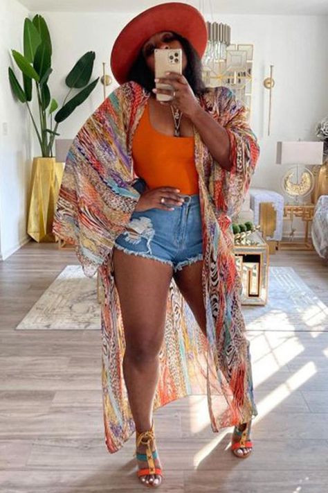 [Pre-Sale] Plus Size Casual All Over Print Kimono Cardigan - Fashionaviv-Sweaters & Cardigans-[product_label] Chiffon Cover Up, Chiffon Cardigan, Fest Outfits, Sunset Boulevard, Chiffon Kimono, Spring Look, Looks Black, Trendy Fashion Outfits, Print Kimonos