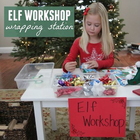 Create an Elf Workshop Wrapping Station #CreativeChristmas #ElfWorkshop #ChristmasWithKids #WrappingStation #LittleHelpers Elves Workshop, Elf Workshop, Workshop Activities, Santa Workshop, Christmas Activities For Toddlers, Gift Wrapping Station, Wrapping Station, Dramatic Play Preschool, Gingerbread People