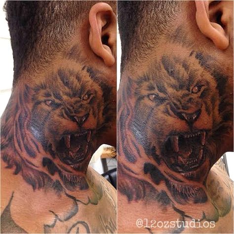 Finished black and grey lion portrait male neck tattoo by Kevin Soto. Lion Neck Tattoo Men, Lion Neck Tattoo, Tiger Neck Tattoo, Male Neck Tattoo, Shaded Tattoo, Lioness Tattoos, Side Neck Tattoo For Guys, Lion And Lioness Tattoo, Male Neck