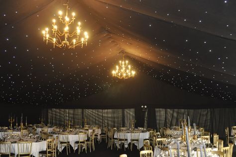 Black starlight ceiling Black Marquee, Starlight Ceiling, Ceiling Wedding, Rusting Wedding, Star Lights On Ceiling, Wedding Ceiling, Wedding Marquee, Romantic Wedding Receptions, Marquee Hire