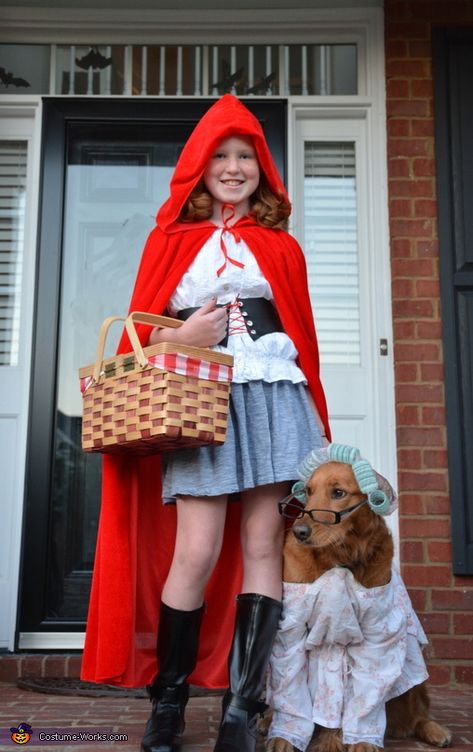 Larken: This is my 10 year old daughter, Regan, and our dog, Daisy. Regan wanted to be Little Red, so we decided to dress up the dog like the wolf grandmother.... Diy Red Riding Hood Costume, Golden Retriever Halloween Costume, Cute Dog Halloween Costumes, Puppy Halloween Costumes, Costume Homemade, Little Red Riding Hood Costume, Riding Hood Costume, Matching Halloween Costumes, Red Riding Hood Costume