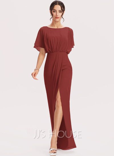 Sheath/Column Floor-Length Bridesmaid Dress With Split Front (007255859) - JJ's House Bridesmaid Dress Color, Jjs House, House Dresses, Dress With Split, Floor Length Chiffon Bridesmaid Dresses, Bridesmaid Dress Colors, Wedding Theme Colors, Dresses Bridesmaid, Chiffon Bridesmaid Dress