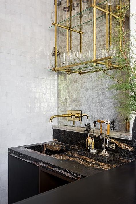 Mirror Tiles Kitchen, Wet Bar Backsplash, Brass Tile, Bar Backsplash, Marble Shelves, Backsplash Tile Design, Marble Shelf, Marble Bar, Mirror Backsplash