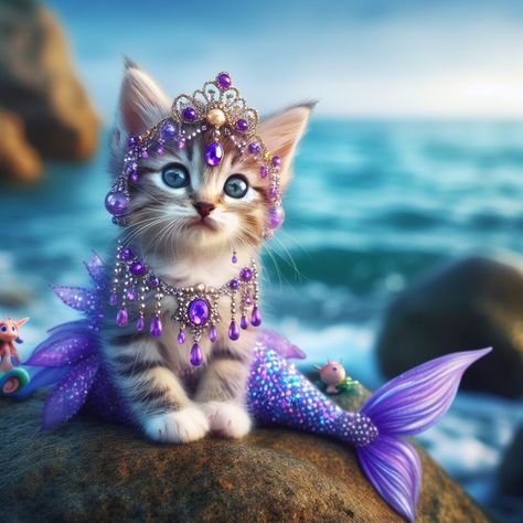 Kitty Mermaid, Sneaky Cat, Mermaid Cat, Mythical Creatures Fantasy, Cute Panda Wallpaper, Cute Fantasy Creatures, Mermaids And Mermen, Silly Cats Pictures, Rainbow Cat