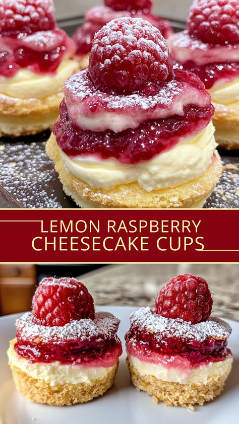 Lemon Raspberry Cheesecake Cups So Yummy Recipes Dessert, Easy Desserts Cheesecake, No Bake Lemon Raspberry Cheesecake Cups, Mini Raspberry Desserts, Fun Spring Dessert Ideas, Spring Time Desserts Easy Recipes, Lemon Raspberry Cheesecake Cupcakes, Raspberry Cheesecake Desserts, Lemon Raspberry Cheesecake Cups