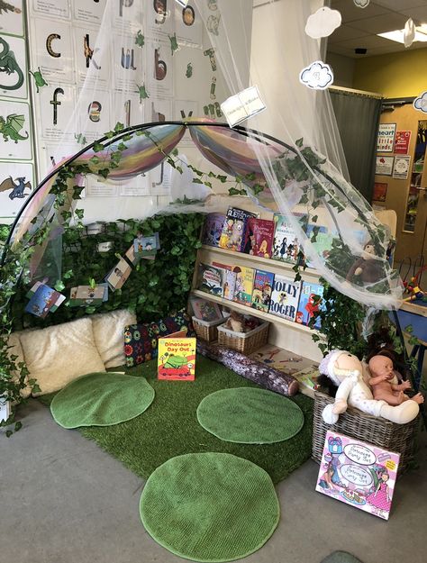 Reading garden area in the early years Reading Corner Garden, Early Years Classroom Areas, Early Years Library Ideas, Early Years Reading Corner, Garden Reading Area, Early Years Book Corner Ideas, Reception Reading Area, Reggio Reading Corner, Reading Areas Eyfs