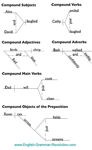 Sentence Diagrams with Compound Elements Linguistics Study, Classical Conversations Essentials, Diagramming Sentences, Compound Subject, Adverbs Worksheet, Coordinating Conjunctions, Main Verbs, Compound Sentences, Cursive Writing Worksheets