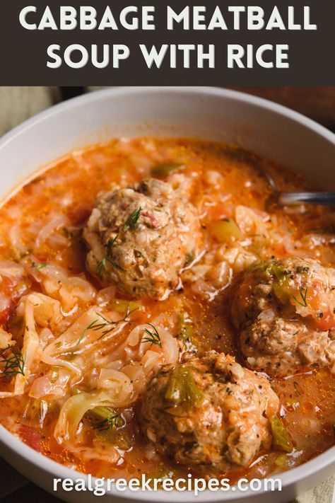 Tasty and nutritious cabbage meatball soup (unrolled cabbage rolls) with tomato, lemon, fresh herbs and rice! Unrolled Cabbage Rolls, Rice Healthy Recipes, Easy Cabbage Soup, Rice Healthy, Recipes Easy Quick, Meatball Soup, Comfort Soup, Delicious Soup Recipes, Savory Soups