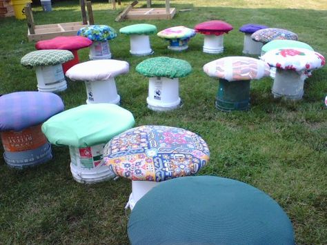 The mushrooms, provide both seating and decoration for the Maryland Faerie festival. Volunteers create them out of old 6 gallon buckets, recycled carpet padding, scrap lumber and fabric scraps. The Maryland Faerie Festival celebrates the faeries. We support and promote the work of keeping the magical world clean,beautiful and educated We try to make all the decorations out of recycled materials. Theater Props, Repurposed Pallets, Mushroom Chair, Mushroom Stool, Recycled Diy, Hippie Garden, Upcycled Ideas, Fairy Festival, Paint Buckets