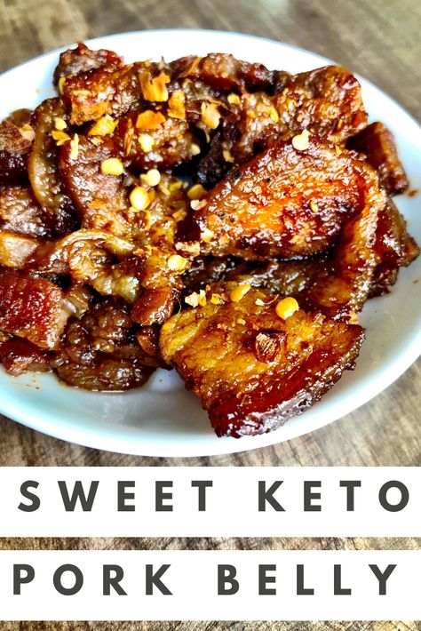 This Sweet and Spicy Keto Pork Belly is really easy to make and is a perfect with a side of coleslaw. #porkbelly Keto Pork Belly, Dirty Keto, Keto Diet Drinks, Keto Pork, Pesto Mozzarella, Keto Diet List, Pork Belly Recipes, Keto Diet Snacks, Keto Dinners