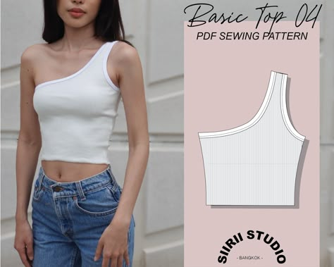 "*Note that this is a digital PDF product to be printed at home or a print shop. No physical pattern will be sent. The Pattern ----------- This is a sewing pattern with step-by-step written sewing instructions for a one-shoulder top. This one-shoulder top is the fourth top in a series casual basic tops for your wardrobe. Print and sew this pattern at home with your own fabric. The written instructions also include detailed illustrations to help guide you. Buy the Basic Top Series Bundle, which i One Shoulder Top Sewing Pattern, One Shoulder Top Pattern, Diy One Shoulder Top, Shirt Sewing, Tank Top Pattern Sewing, Tank Top Sewing Pattern Free, Summer Top Sewing Pattern, Strap Top Pattern, How To Sew A Top