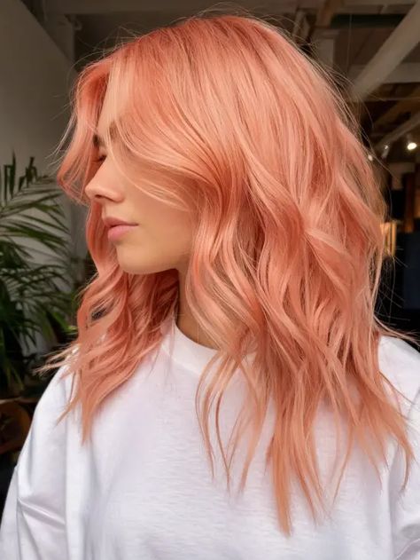 20 Peach Hair Color Ideas for 2025: From Rose Gold to Pastel, Dark Roots, and More Trends Copper Hair With Rose Gold Highlights, Dark Blonde Hair With Colored Highlights, Rose Gold Peach Hair, Soft Peach Hair, Rose Peach Hair, Peach Pixie Hair, Hair Color 2025 Trends, Peach Curly Hair, Light Rose Gold Hair