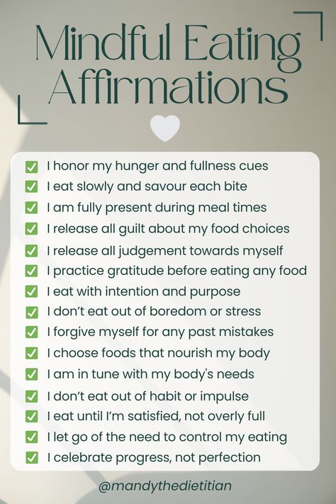 📌 SAVE this pin to read these affirmations every day to help you be more in tune with your hunger and change your eating habits ✨ These mindful eating affirmations can also help you develop a healthier relationship with food 🤎 #HealthyRelationshipWithFood #IntentionalLiving #HealthandWellnessJourney Food Affirmations Positive, Healthy Eating Habits Affirmations, Food Guilt Affirmations, Mindful Eating Mantras, Food Affirmations, Eating Affirmations, Mindful Eating Quotes, Food Guilt, Eating Quotes