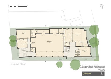 Stevensen Architects Multi-Purpose Hall, Alterations and Extensions in Croydon - Stevensen Architects Multi Purpose Hall Plan, Multi Purpose Hall, Hall Flooring, Function Hall, Door Plan, Rainwater Harvesting, Pivot Doors, Architecture Plan, Landscape Architecture