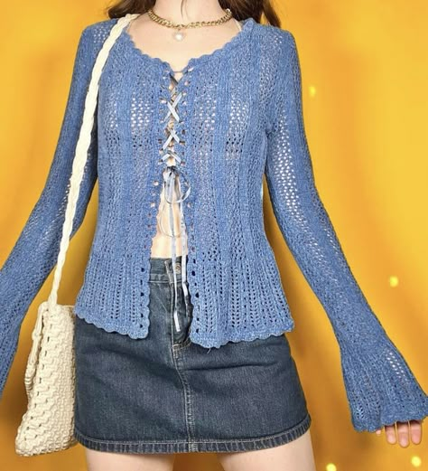 Y2k Cardigan Outfit, 2000s Crochet, Alternative Crochet, Crochet Cardigan Girl, Dainty Crochet, Crochet Coquette, Y2k Cardigan, 90s Inspired Outfits, Knit Clothes