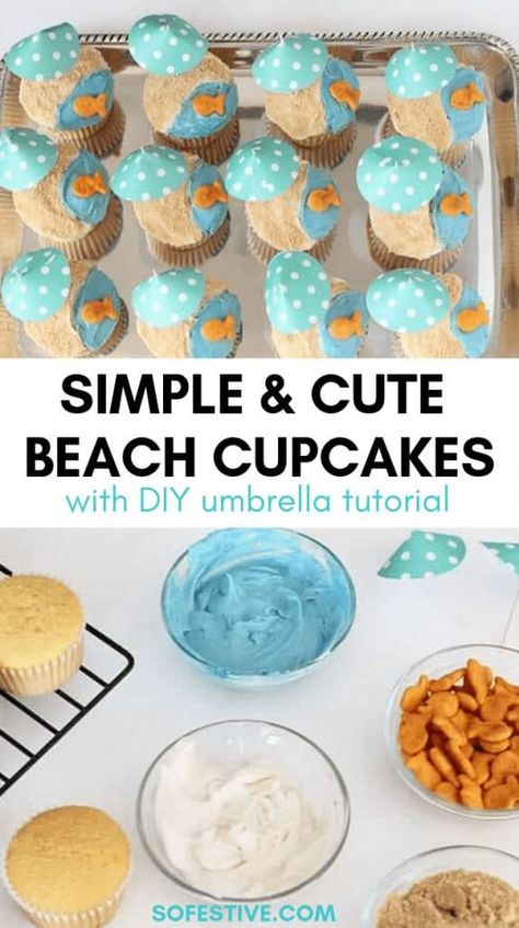 Beach Trip With Kids, Beach Hut Cake, Beach Ball Cupcakes, Diy Paper Umbrella, Beach Themed Cupcakes, Umbrella Tutorial, Beach Theme Cupcakes, Edible Sand, Beach Cupcakes