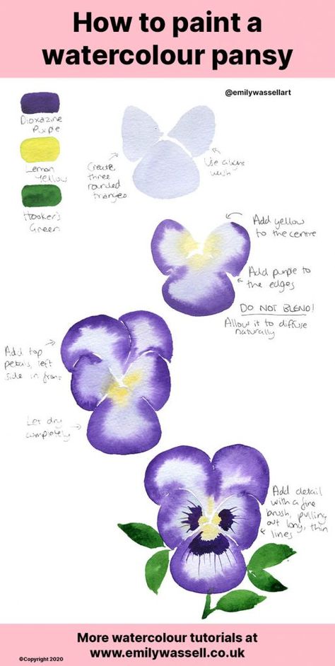 How To Paint Pansies, Watercolor Pansy Tutorial, Watercolour Pansy, Watercolour Flowers Tutorial, Watercolour Art Ideas, Watercolour Flowers Painting, Pansies Watercolor, Watercolor Flower Tutorial, Watercolour Painting For Beginners