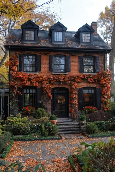 Interesting House Exterior, Fall Houses Exterior, Weird Houses, Interesting Houses, Front Of House Ideas, Red Brick House, Sims House Plans, Gothic House, Colonial House