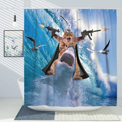 PRICES MAY VARY. 【Complete Bathroom Upgrade】Elevate your bathroom with the DESIHOM cat shower curtain set – a 72" x 78" curtain, 12 hooks, and metal rings. Transform your space into a nautical haven effortlessly. 【Vibrant HD Print】Immerse in oceanic beauty with our cat riding shark theme bath shower curtain. HD digital print, fade-resistant design ensures a refreshing bathing experience every time. 【Easy Care, Durability】High-quality polyester stands the test of time. Wash with ease in warm/cold Nautical Kids Bathroom, Ocean Shower Curtain, Kids Bathroom Decor, Animal Shower Curtain, Cat Riding, Cat Shower Curtain, Funny Shower Curtains, Sticker Storage, Bathroom Decor Sets