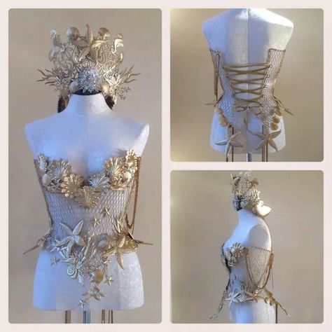 Insanely beautiful gold mermaid corset and crown with seashells starfish chain and mesh Sea Costume, Mermaid Cosplay, Mermaid Parade, Mermaid Bra, Gold Mermaid, Mermaid Crown, Mermaid Tails, Mermaid Costume, Fantasy Costumes