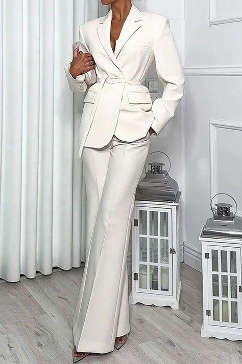 Casual Pocket Turn-back Collar Long Sleeve Two Pieces Long Sleeve Suit, White Two Piece, Look Formal, Pockets Pants, Two Piece Pants Set, Blazer Set, Long Sleeve Blazers, Daily Dress, Office Fashion