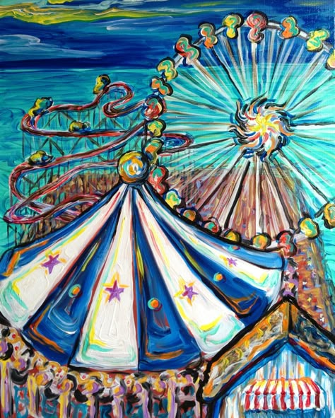 See 'Lani Woods Fine Art' on #Facebook and bid on this original #painting. Bids must be in by noon PST in 12/6/12. ALL PROCEEDS will go to Team Rubicon for the #HurricaneSandy relief effort. Please #RT #repin and #share! Fair Paintings, Circus Painting, Circus Images, Circus Illustration, Fair Theme, Fair Rides, Carnival Art, Austin Art, Gcse Art Sketchbook