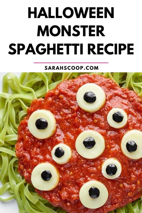 Monster Spaghetti, Halloween Spaghetti, Halloween Meal, Spooky Spaghetti, Halloween Pasta, Spaghetti Dinner, Spaghetti Recipe, Green Monster, Halloween Dinner