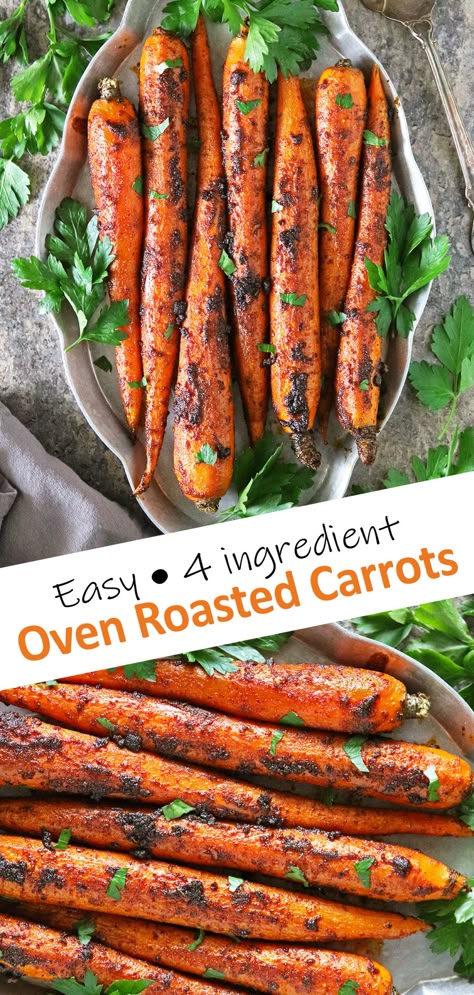 Spiced with harissa and smoked paprika, these Easy Oven Roasted Carrots are a delicious side dish made with only 5 ingredients and ready in 30 minutes. Savory Roasted Carrots Oven, Roasted Carrots And Potatoes Oven, Baby Carrots In Oven, Roast Carrots Oven, Oven Roasted Carrots Recipe, Baked Carrots Oven, Whole Roasted Carrots, Roasting Carrots In Oven, Carrot Recipes Roasted