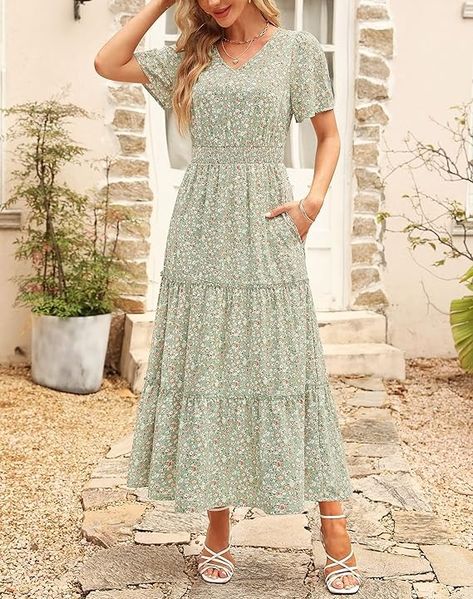 Zattcas Womens 2024 Long Summer Dress Casual Short Flutter Sleeve V Neck Smocked Waist Tiered Flowy Modest Floral Boho Maxi Dress Green M at Amazon Women’s Clothing store Long Dress Casual Summer, Summer Dress Casual, Long Summer Dress, Boho Floral Maxi Dress, Amazon Dresses, Short Summer Dresses, Long Summer Dresses, Maxi Dress Green, Boho Maxi