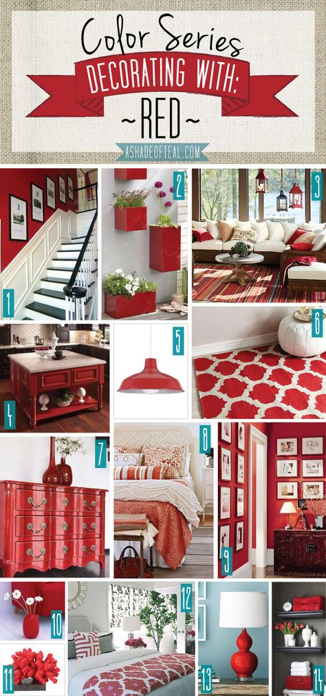 Color Series; Decorating with Red. Red home decor | A Shade Of Teal Decorating With Red, Interior Design Minimalist, Red Living, Home Decor Colors, Living Room Red, Red Home Decor, Kitchen Paint Colors, Kitchen Decor Themes, Casa Vintage