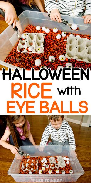 Halloween Rice Bin with Eye Balls: A quick and easy Halloween sensory activity from Busy Toddler Halloween Sensory Bin, Eye Balls, Halloween Sensory, Halloween Crafts For Toddlers, Sensory Activities Toddlers, Halloween Games For Kids, Halloween Arts And Crafts, Sensory Activity, Colored Rice