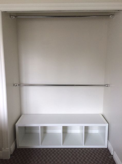 Bottom Closet Storage, Tension Rod Closet Hanging Clothes, Closet With Lots Of Hanging Space, Closet Ground Storage, Closet With Double Rods, Extend Closet Space, Bottom Of Closet Storage, Room Ideas Without Closet, Bottom Closet Organization