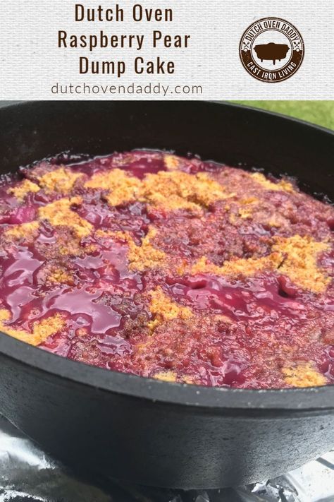 Perfect Raspberry Pear Dump Cake for camping makes for an easy and delicious dessert. #dutchoven #castiron #camping #dessert #offthegrid #raspberry #pear #fruit #dessert #baking Camp Cooking Recipes, Utah Food, Summer Fruit Recipes, Camping Dishes, State Foods, Dump Meals, Dutch Oven Cooking, Dutch Oven Recipes, Healthy Summer Recipes