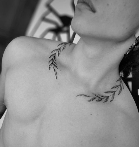 Leaves Around Neck Tattoo Men, Men’s Greek Tattoos, Laurel Neck Tattoo, Lion Wings Tattoo, Greek Laurel Wreath Tattoo, Neck Leaves Tattoo, Greek Leaves Tattoo Neck, Neck Leaf Tattoo, Leaves Neck Tattoo