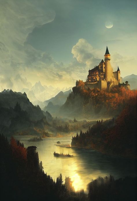 River Castle Fantasy Art, Medieval Fantasy Wallpaper, Fantasy Kingdom Aesthetic, Fae Castle, Fae Kingdom, Dark Reference, Dnd Places, Castle Ideas, Canvas Art Projects