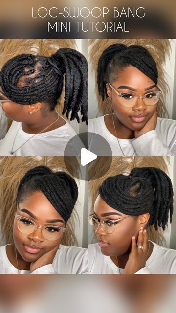 Swoop With Locs, How To Do A Swoop With Locs, Locs With Swoop Bangs, Loc Ponytail With Swoop, Side Swoop Loc Style, Loc Petal Bun With Swoop, Loc Bangs, Swoop Bangs, Curled Ponytail