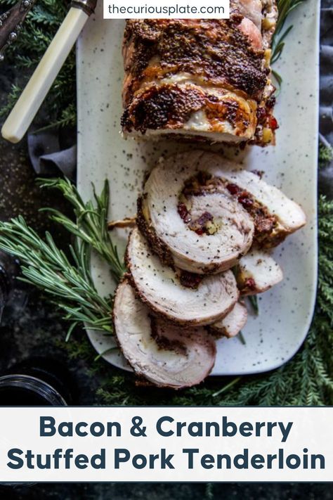 Impress your guests with this Bacon & Cranberry Stuffed Pork Tenderloin - a stunning holiday centerpiece that's a breeze to make! Christmas Pork, Cranberry Mustard, Stuffed Pork, Tenderloin Recipes, Pork Loin Roast, Pork Tenderloin Recipes, Stuffed Pork Tenderloin, Pork Loin, Pork Tenderloin