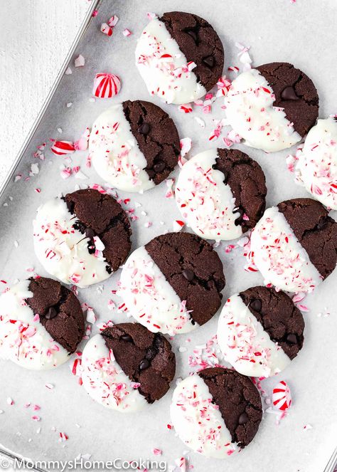 Eggless Chocolate Peppermint Cookies - Mommy's Home Cooking Peppermint Cake Mix Cookies, Egg Free Christmas Cookies, Chocolate Peppermint Cake, Egg Free Cookies, Eggless Cookies, Peppermint Cake, Chocolate Peppermint Cookies, Holiday Chocolate, Dipped Cookies