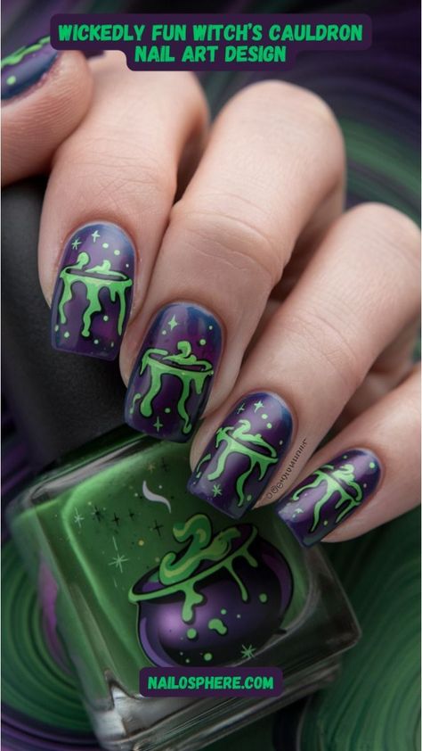 Dive into the mystical side of Halloween with this enchanting witch’s cauldron nail design. These nails feature a deep, otherworldly purple background adorned with glowing green cauldrons bubbling over with magical concoctions. The intricate detailing of the cauldrons, complete with eerie green drips and twinkling stars, brings a whimsical yet spooky vibe to your Halloween look. Pumpkin Spice Nails, Bat Nails, Vampire Bites, Spider Queen, Queen Nails, Zombie Hand, Twinkling Stars, Glow Nails, Creepy Clown