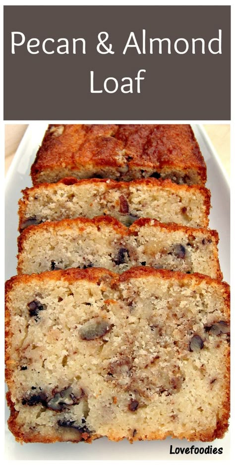 Moist Pecan Almond Loaf Cake. The flavor combo is just divine! Thanksgiving Loaf, Almond Loaf Cake, Almond Loaf, Loaf Cake Recipes, Delicious Thanksgiving, Bread Recipes Sweet, Loaf Cake, Bread Cake, Almond Cakes