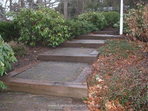 what kind of landscaping for a hill | Old Railroad Tie Landscape Timber Steps Rail Road Tie Steps, Rail Road Ties Ideas, Railroad Tie Landscaping, Grass Between Pavers, Timber Steps, Railroad Ties Landscaping, Railroad Tie Retaining Wall, Backyard Hill, Railroad Tie