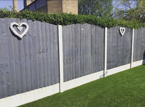 Bathroom Ensuite Ideas, White Garden Fence, Grey Fence, Small Back Gardens, Grey Fences, Cuprinol Garden Shades, Garden Fence Panels, White Fence, Wicker Hearts