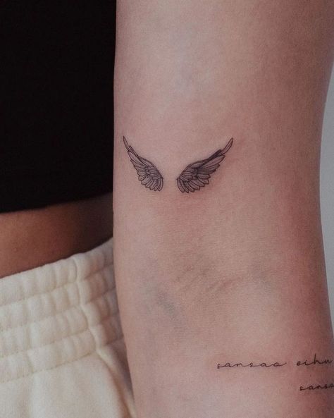 Icarus Wings Tattoo, Red Angel Wings Tattoo, Fine Line Wing Tattoo, Tiny Angel Wing Tattoo, Invincible Tattoo, Fine Line Angel Wings Tattoo, Simple Angel Wings Tattoo, Wing Tattoo Arm, Angle Wing Tattoos