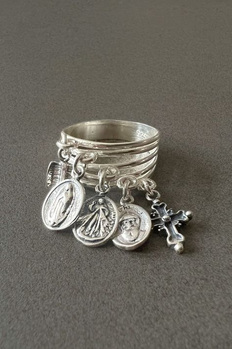 Charms Ring for Women Religious Ring Gift for Mom Real Silver Ring Saint Medal Ring Stackable Sterling Silver Religious Gift Catholic Ring - Etsy Ring With Charms, Cool Silver Jewelry, Unique Gifts Women, Catholic Ring, Handmade Gifts For Mom, Elegant Silver Jewelry, Silver Ring Stack, Handmade Silver Rings, Hanging Charms