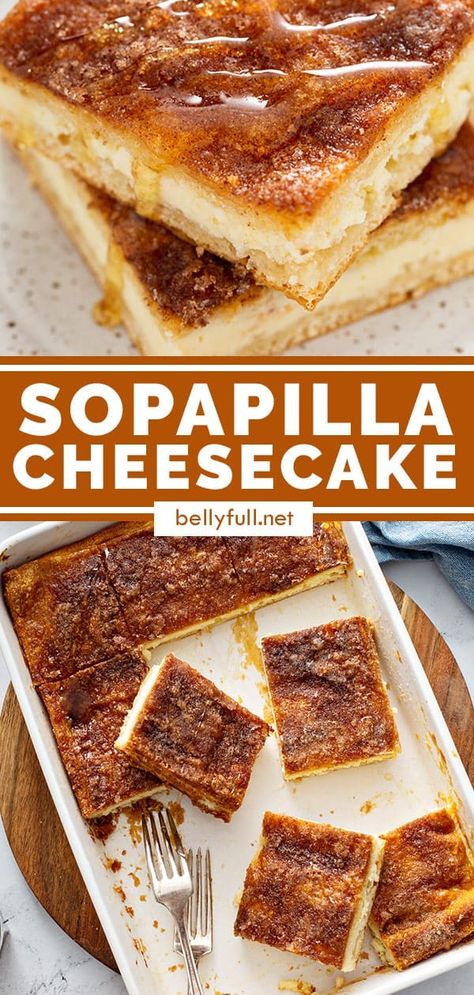 These Sopapilla Cheesecake bars are the best combination of New-Mexican sopapillas, churros, and cheesecake in one. Sweetened cream cheese between layers of cinnamon-sugar crust is to die for in this easy dessert recipe, great for potlucks! Sopapilla Cheesecake Recipe, Easy Sopapilla Cheesecake, Sopapilla Cheesecake Bars, Sopapilla Cheesecake, Churro Cheesecake, Easy Dessert Recipe, Fruit Toppings, Crescent Dough, Fry Bread