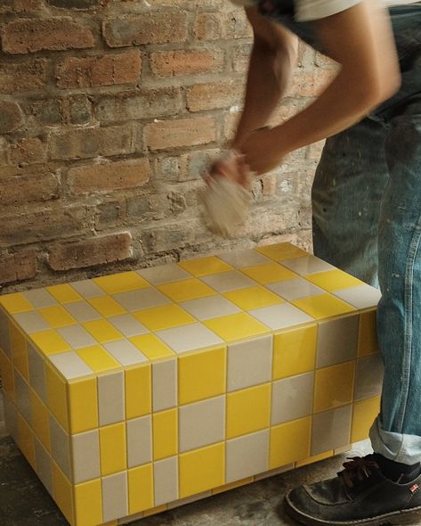 👋🏻 60s side table in honey and beige tile, paired with colour matching grout. We built this with wheels underneath which makes the table easier to move around. Checkered Tile Side Table, Tiled Cube Side Table, Tile Coffe Tables, Yellow Mosaic Tile, Beige Tile, Grout, Color Matching, Side Table, Siding